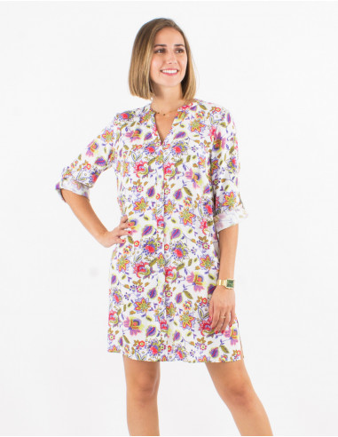 Viscose buttoned dress with roll-up sleeves and paradise print