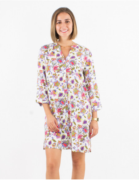 Robe viscose boutonnée manches 3/4 retroussables imprimé paradise