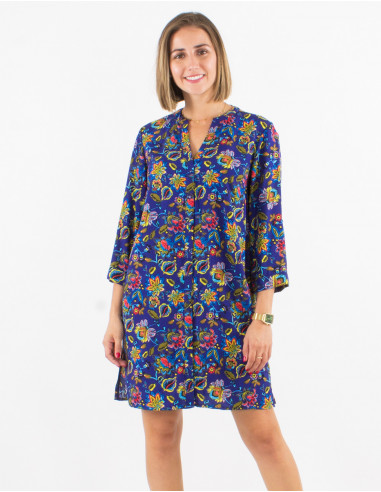 Viscose buttoned dress with roll-up sleeves and paradise print