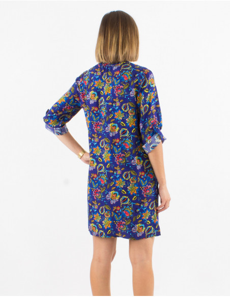 Robe viscose boutonnée manches 3/4 retroussables imprimé paradise