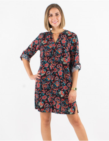 Viscose buttoned dress with roll-up sleeves and paradise print