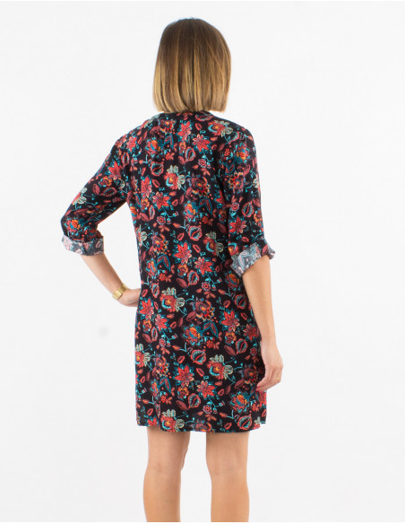 Robe viscose boutonnée manches 3/4 retroussables imprimé paradise