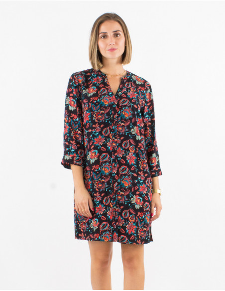 Robe viscose boutonnée manches 3/4 retroussables imprimé paradise