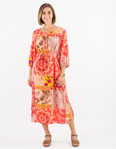 Viscose dress with short sleeves and fantasie print