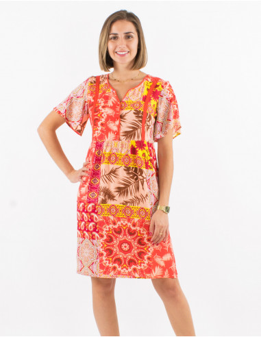 Viscose dress with short sleeves and fantasie print