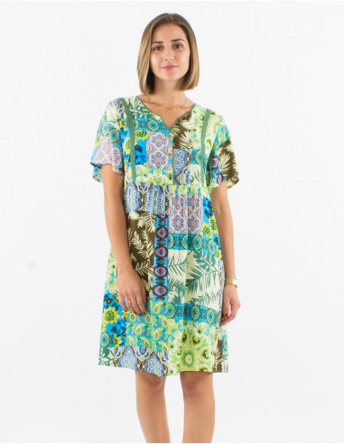 Viscose dress with short sleeves and fantasie print
