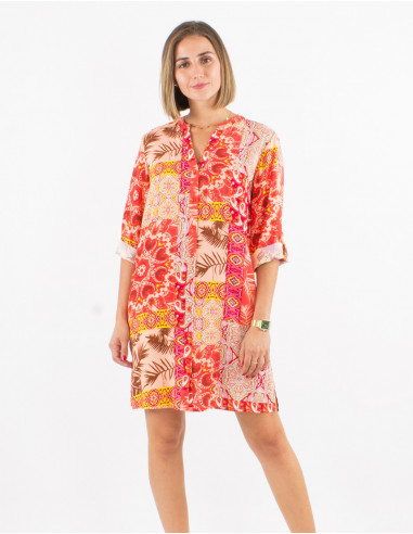 Viscose buttoned dress with roll-up sleeves and fantasie print