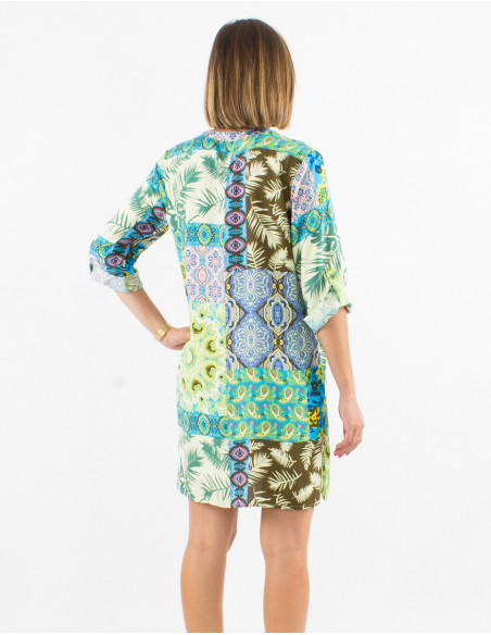 Viscose buttoned dress with roll-up sleeves and fantasie print