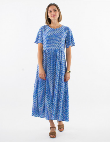 Long viscose dress with short sleeves and arabesque print