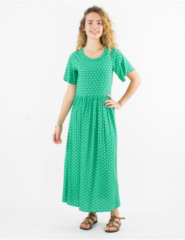 Long viscose dress with short sleeves and arabesque print