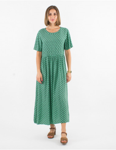 Long viscose dress with short sleeves and arabesque print