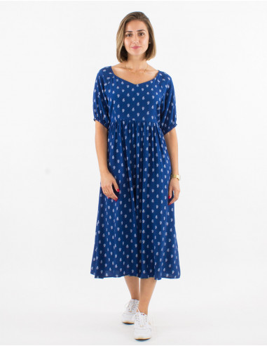 Long viscose dress with short sleeves and bali print