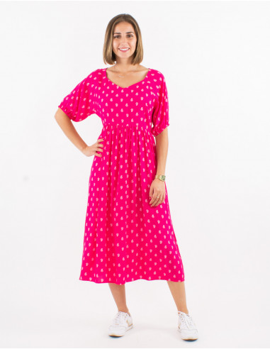 Long viscose dress with short sleeves and bali print