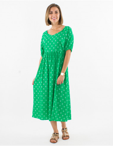 Long viscose dress with short sleeves and bali print