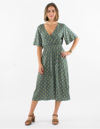 Mid long viscose dress with short sleeves and golden bali print