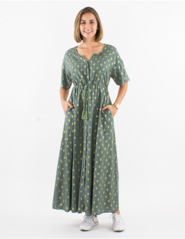 Long viscose dress with short sleeves and golden bali print