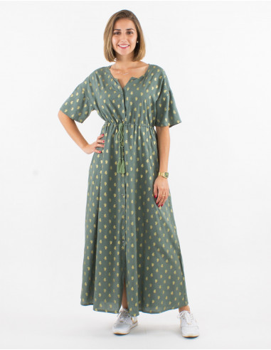 Long viscose dress with short sleeves and golden bali print