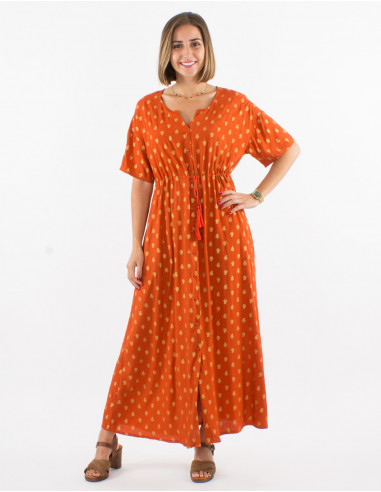 Long viscose dress with short sleeves and golden bali print