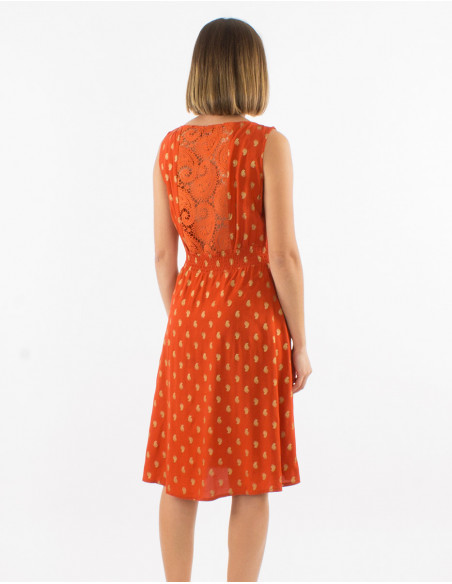 Viscose sleeveless lace back dress with golden bali print