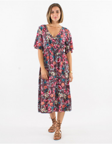 Long viscose dress with short sleeves and bohemian print