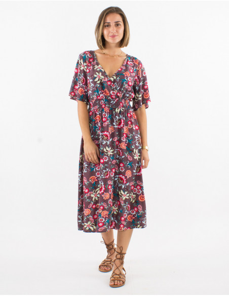 Long viscose dress with short sleeves and bohemian print