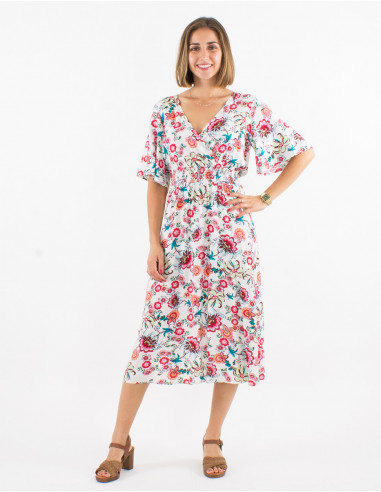 Long viscose dress with short sleeves and bohemian print