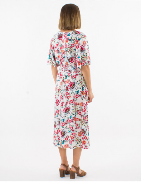 Long viscose dress with short sleeves and bohemian print