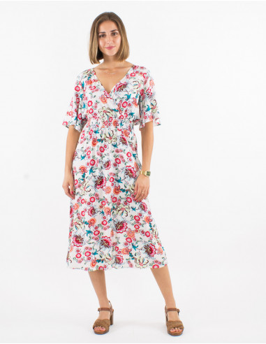 Long viscose dress with short sleeves and bohemian print