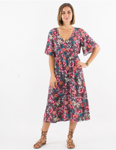 Long viscose dress with short sleeves and bohemian print