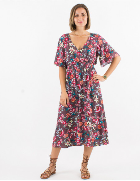 Long viscose dress with short sleeves and bohemian print