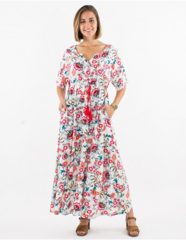 Long viscose dress with short sleeves and bohemian print