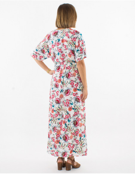 Long viscose dress with short sleeves and bohemian print