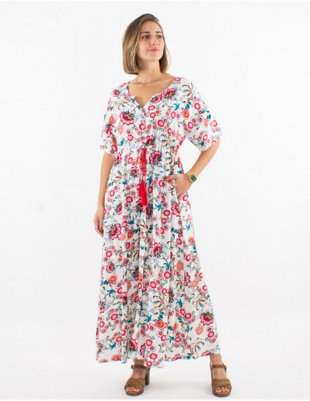 Long viscose dress with short sleeves and bohemian print