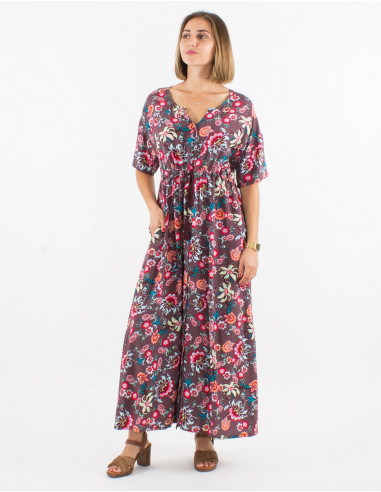 Long viscose dress with short sleeves and bohemian print