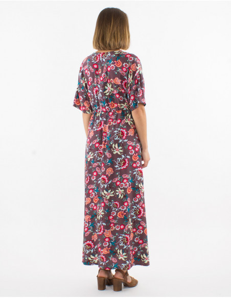Long viscose dress with short sleeves and bohemian print