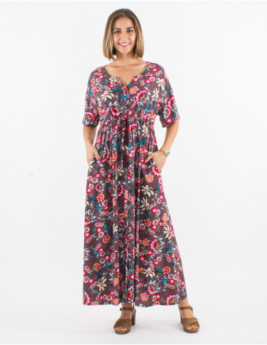 Long viscose dress with short sleeves and bohemian print