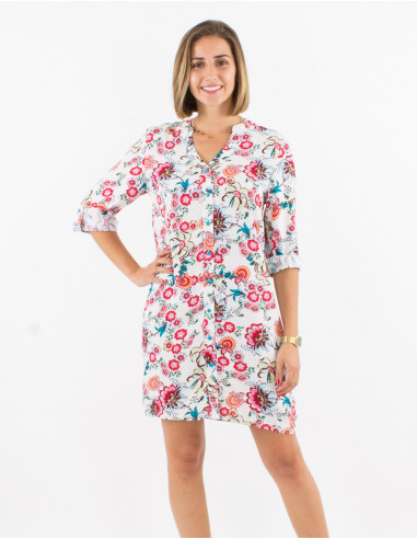 Viscose buttoned dress with roll-up 3/4 sleeves and bohemian print
