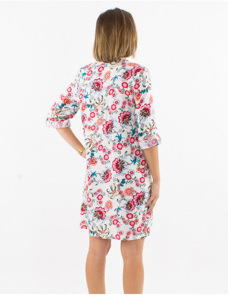 Robe viscose boutonnée manches 3/4 retroussables imprimé bohémian