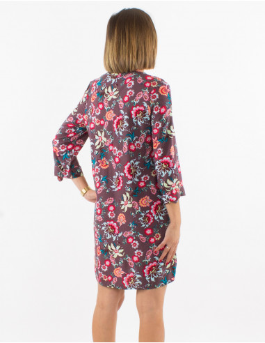 Robe viscose boutonnée manches 3/4 retroussables imprimé bohémian