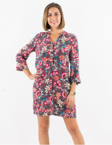 Robe viscose boutonnée manches 3/4 retroussables imprimé bohémian
