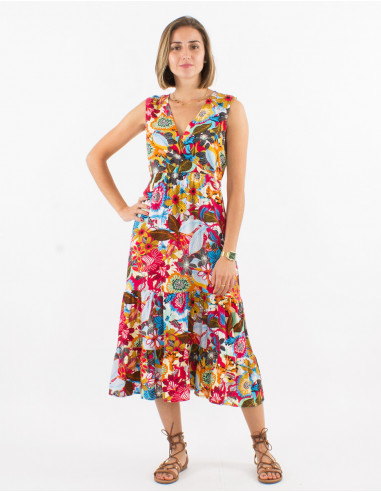 Viscose sleeveless dress with sixties print