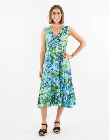 Viscose sleeveless dress with sixties print