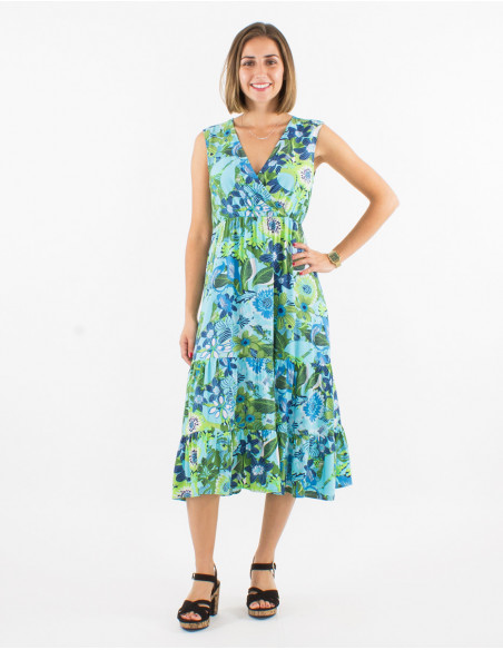 Viscose sleeveless dress with sixties print