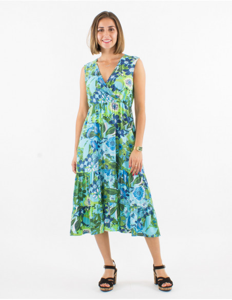 Viscose sleeveless dress with sixties print