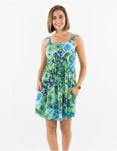 Short viscose dress with straps and sixties print