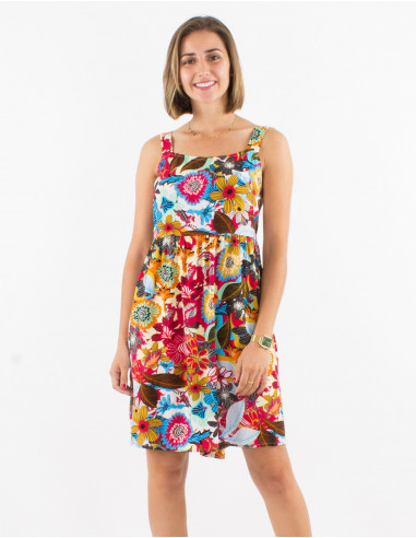 Short viscose dress with straps and sixties print