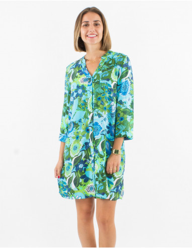 Viscose buttoned dress with roll-up 3/4 sleeves and sixties print