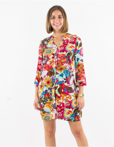 Viscose buttoned dress with roll-up 3/4 sleeves and sixties print
