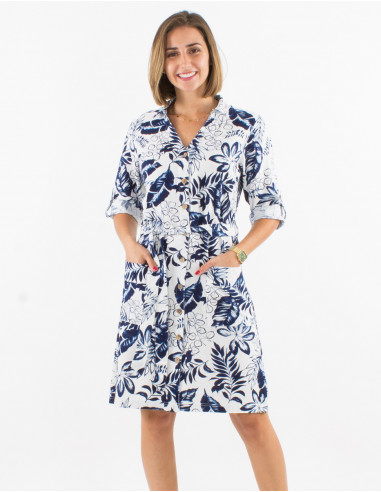 Robe 70% viscose 30% lin boutonnée manches 3/4 retroussables imprimé exotique