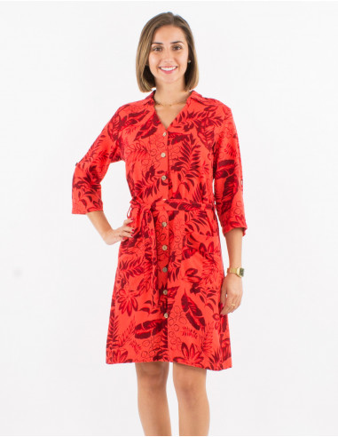 70% viscose 30% linen buttoned dress with roll-up 3/4 sleeves and exotique print
